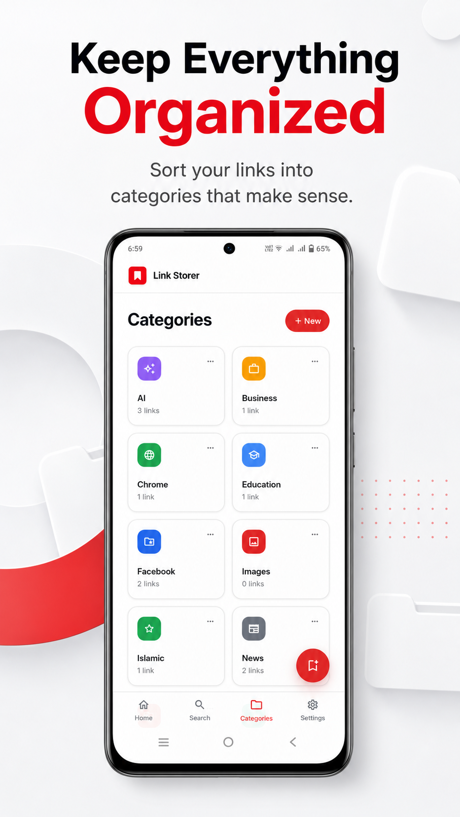 Link Storer categories screen showing a grid of categories