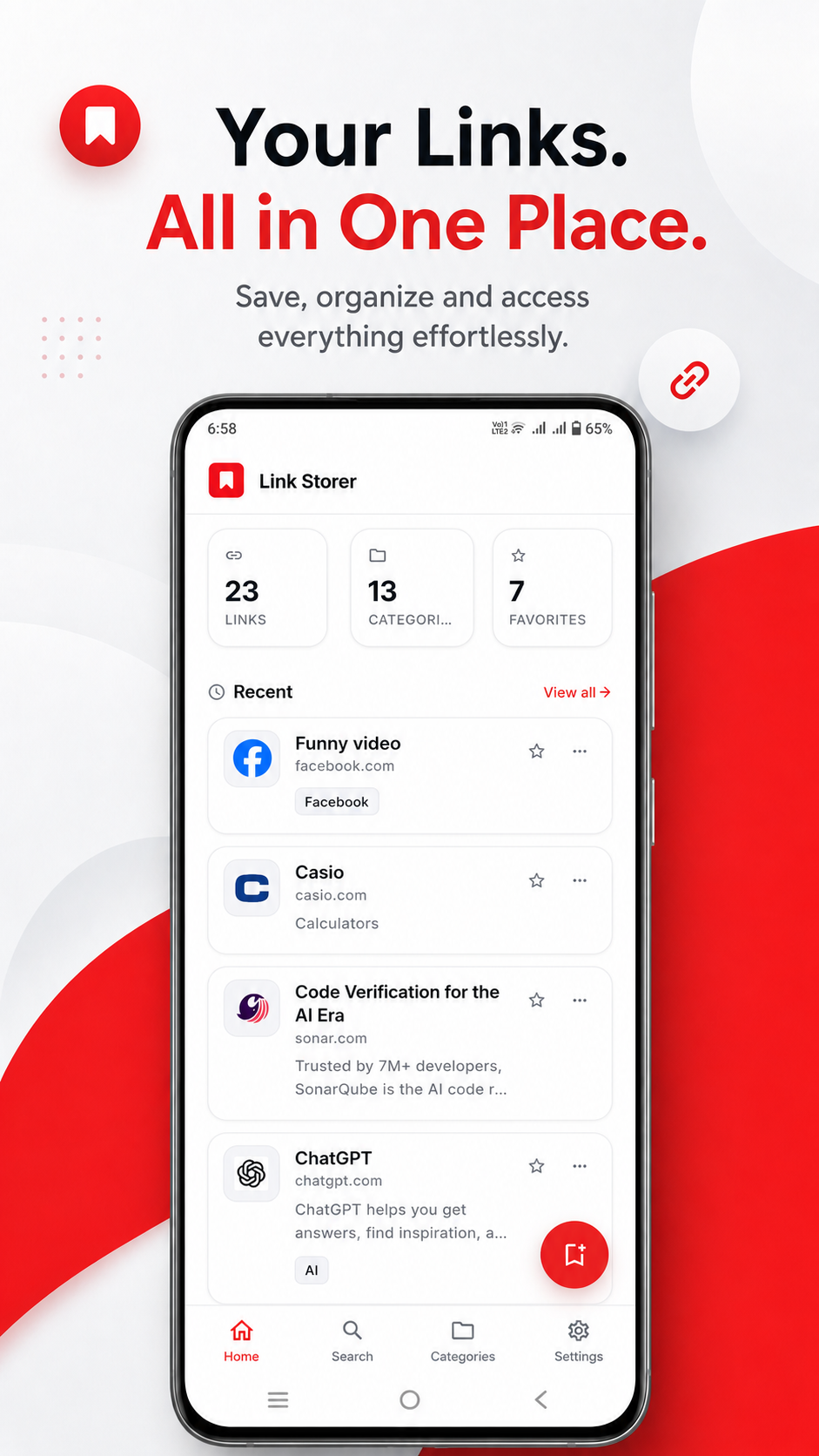 Link Storer home screen showing links, categories, and favorites statistics