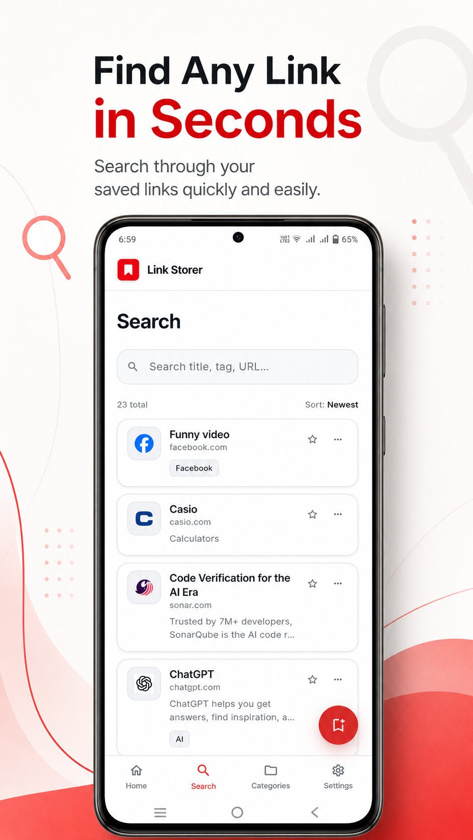 Link Storer search screen with a search field and results