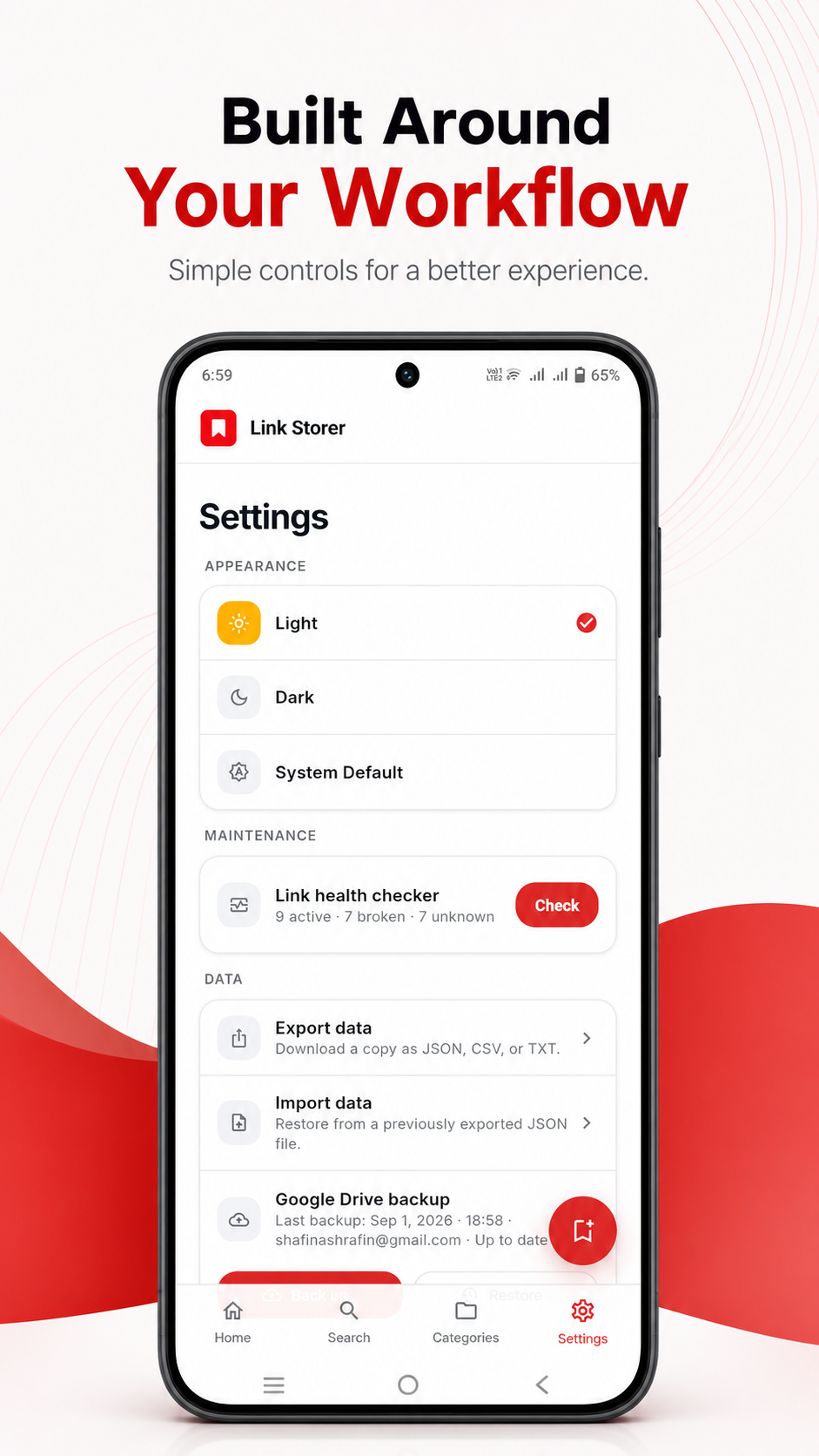 Link Storer settings screen with data and Google Drive backup options